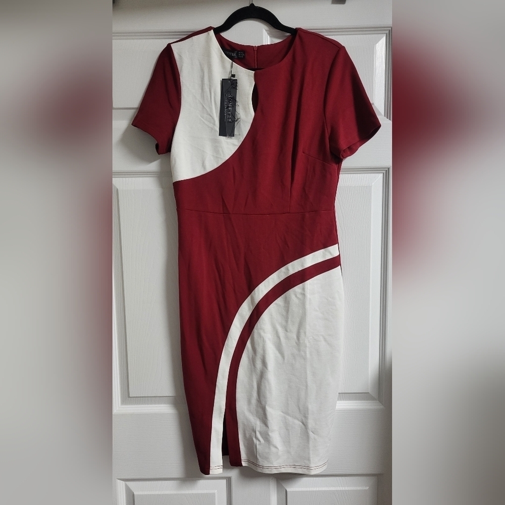 Homeyee Womens Elegant Burgundy and White Polyester Spandex Dress Size 10